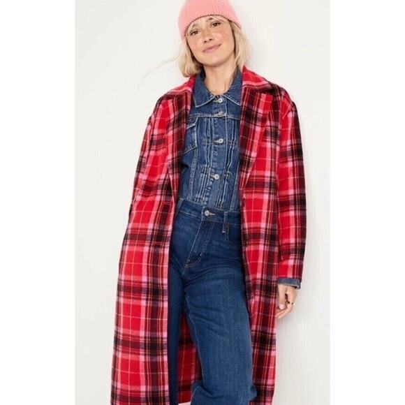 NWT Old Navy Women's Oversized Soft-Brushed Tartan Red Plaid Overcoat Sz XL - Picture 3 of 13